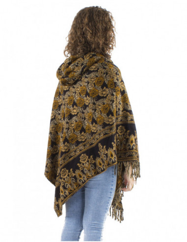Poncho original motif à fleurs, capuche