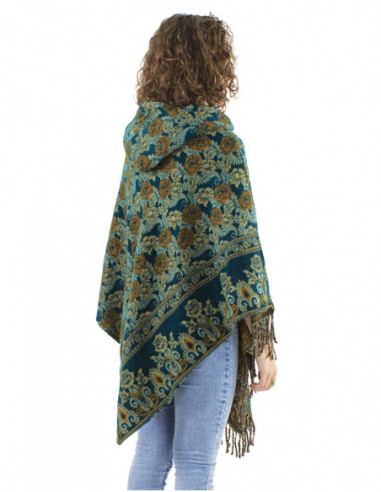Poncho original motif à fleurs, capuche