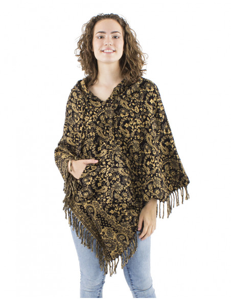 Boho poncho with hood and fringes