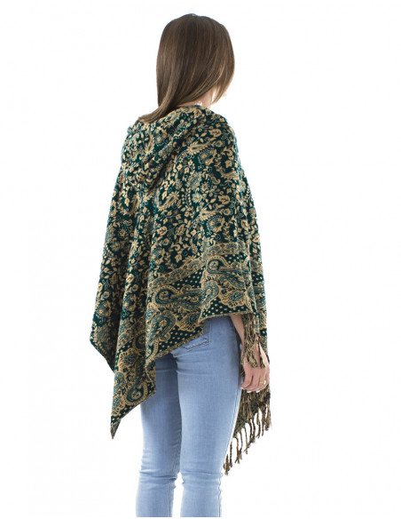 Boho poncho with hood and fringes
