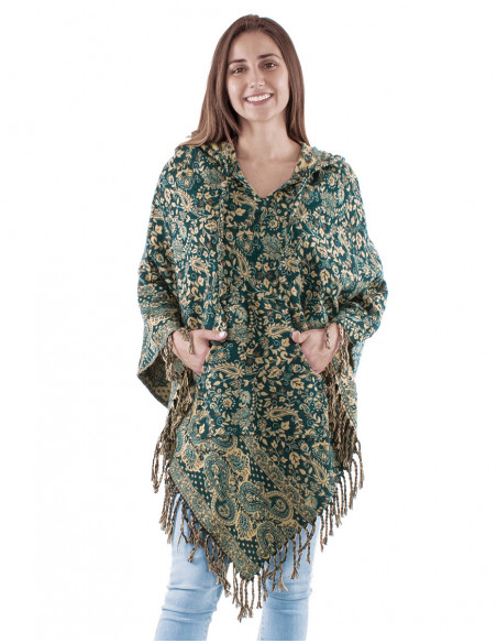 Boho poncho with hood and fringes