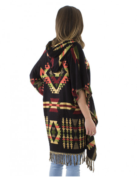 Poncho motif ethnique, capuche