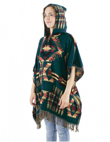 Poncho motif ethnique, capuche