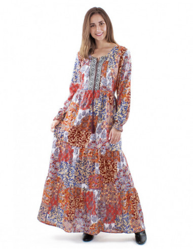 Robe longue ethnique, plastron brodé