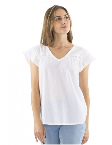 chemisier manches courtes, broderies ajourées, coton