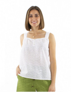 top ample, larges bretelles, broderies anglaises, coton