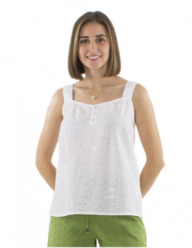top ample, larges bretelles, broderies anglaises, coton