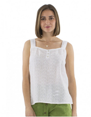 top ample, larges bretelles, broderies anglaises, coton