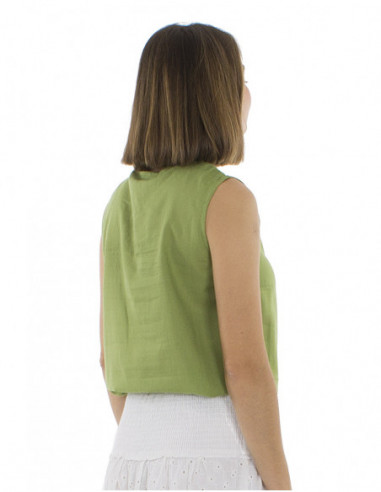 top bohème chic sans manches avec liens et pompons