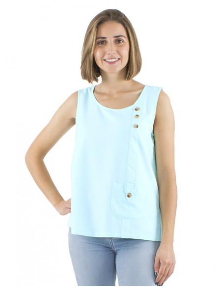 Top bohème chic original avec boutons style écailles de tortue, sans manches
