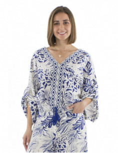 chemisier bohème chic original, motif jungle, empiècement tissé et liens avec pompons 2