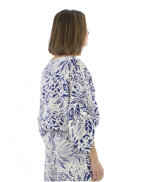 chemisier bohème chic original, motif jungle, empiècement tissé et liens avec pompons