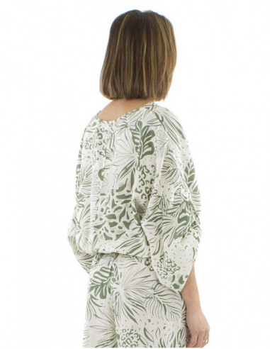 chemisier bohème chic original, motif jungle, empiècement tissé et liens avec pompons