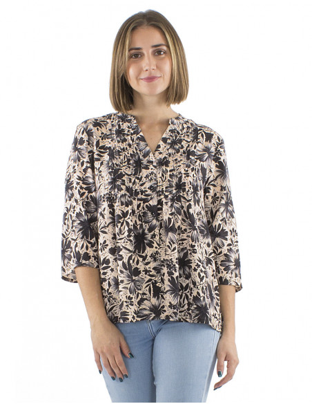 Tropical pattern blouse with gathers