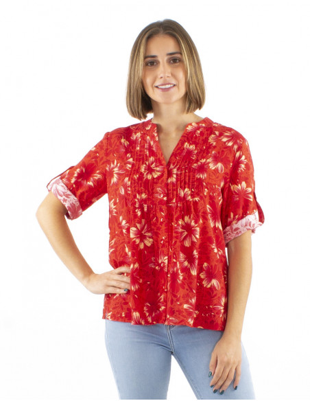 Tropical pattern blouse with gathers
