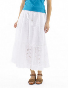 Jupe longue bohème à volants, broderies anglaises, liens avec perles, coton