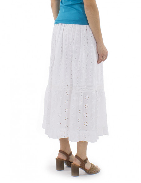 Jupe longue bohème à volants, broderies anglaises, liens avec perles, coton