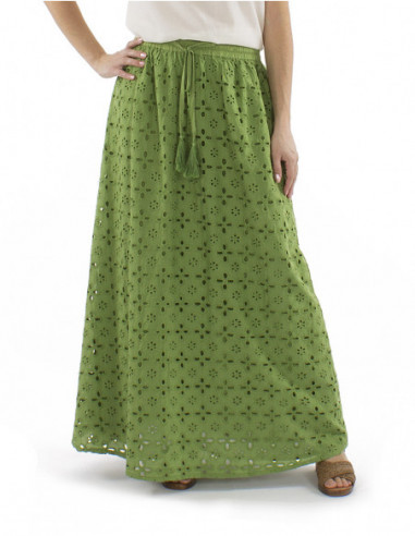Jupe longue bohème broderies anglaises, élastique et liens à la taille, coton