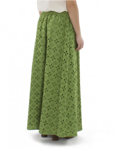 Jupe longue bohème broderies anglaises, élastique et liens à la taille, coton