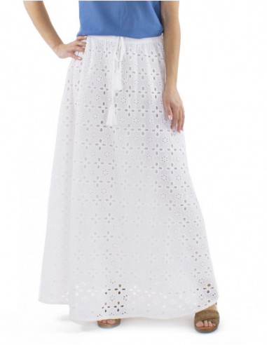 Jupe longue bohème broderies anglaises, élastique et liens à la taille, coton