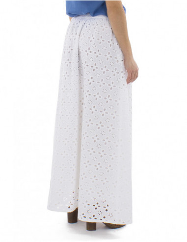 Jupe longue bohème broderies anglaises, élastique et liens à la taille, coton