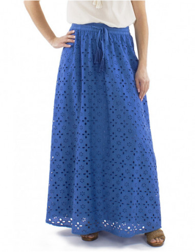 Jupe longue bohème broderies anglaises, élastique et liens à la taille, coton