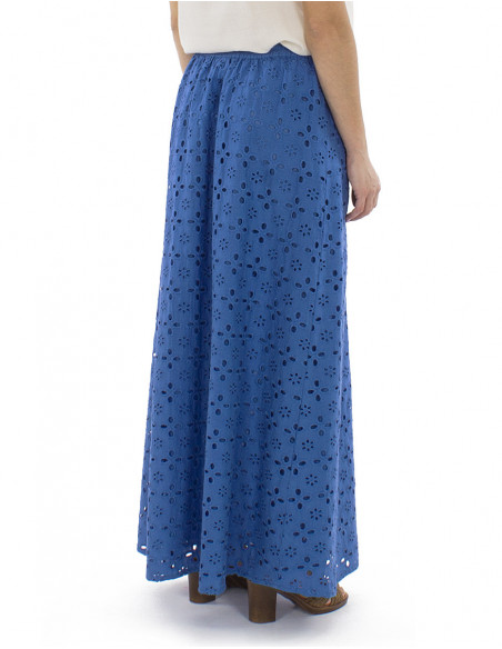 Jupe longue bohème broderies anglaises, élastique et liens à la taille, coton