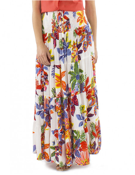 Long ruffled skirt tropical patterns