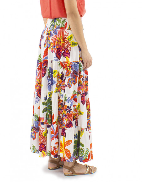 Long ruffled skirt tropical patterns