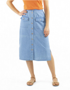 Jupe mi-longue en jean, coton, boutons de haut en bas