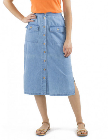 Jupe mi-longue en jean, coton, boutons de haut en bas