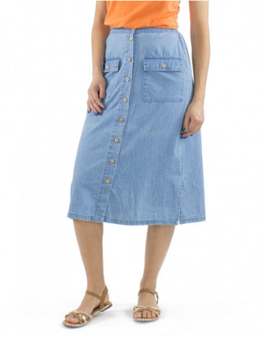 Jupe mi-longue en jean, coton, boutons de haut en bas