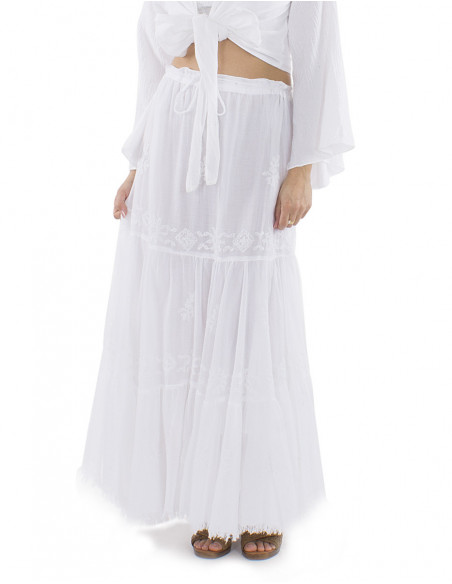 Jupe longue bohème brodée à la main, avec franges et volants, coton