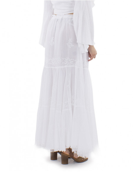 Jupe longue bohème brodée à la main, avec franges et volants, coton
