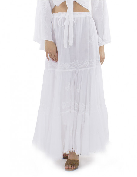 Jupe longue bohème brodée à la main, avec franges et volants, coton