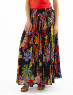 Jupe longue bohème plissée, motif tropical coloré et bohème