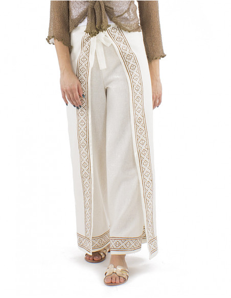 Pantalon paréo style ethnique chic, motif au tampon, inspiration africaine