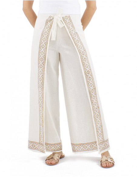 Pantalon paréo style ethnique chic, motif au tampon, inspiration africaine