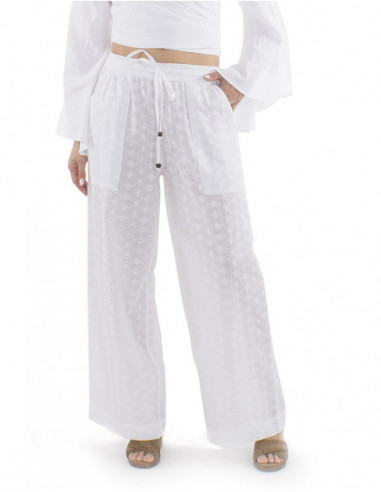 Pantalon coupe droite et large, coton bohème chic avec broderies anglaises, taille élastique, liens avec perles bois
