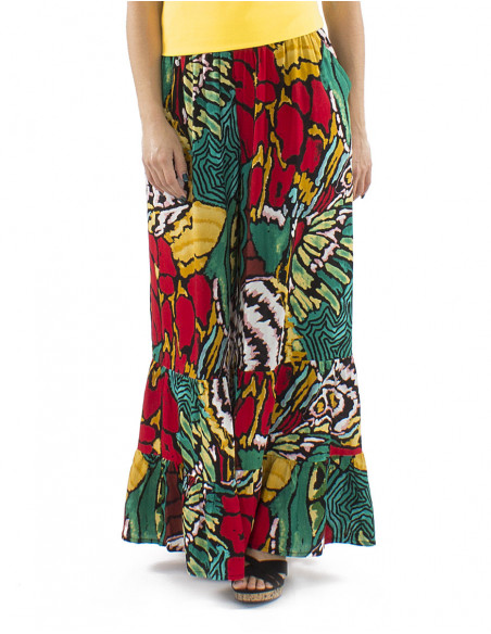 Pantalon oversize original à volants motif abstrait tropical