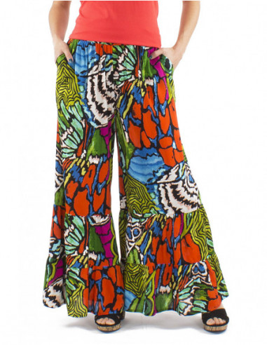 Pantalon oversize original à volants motif abstrait tropical