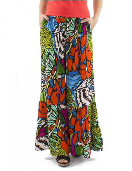 Pantalon oversize original à volants motif abstrait tropical