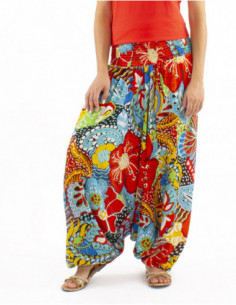 Sarouel original motif coloré fleurs hibiscus taille élastique