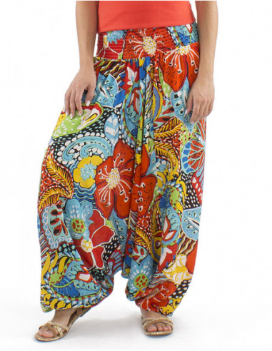 Sarouel original motif coloré fleurs hibiscus taille élastique
