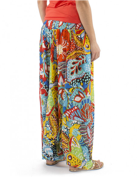 Sarouel original motif coloré fleurs hibiscus taille élastique