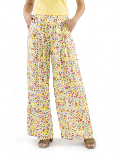 pantalon large coupe palazzo motif bohème fleuri romantique
