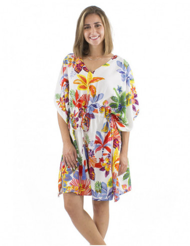 Robe de plage coupe kaftan motif tropical