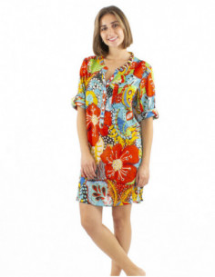 Robe tunique motif tropical manches 3/4