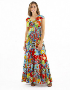 Robe longue à volants motif tropical multicolore