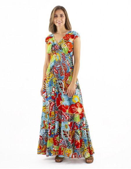 Robe longue à volants motif tropical multicolore